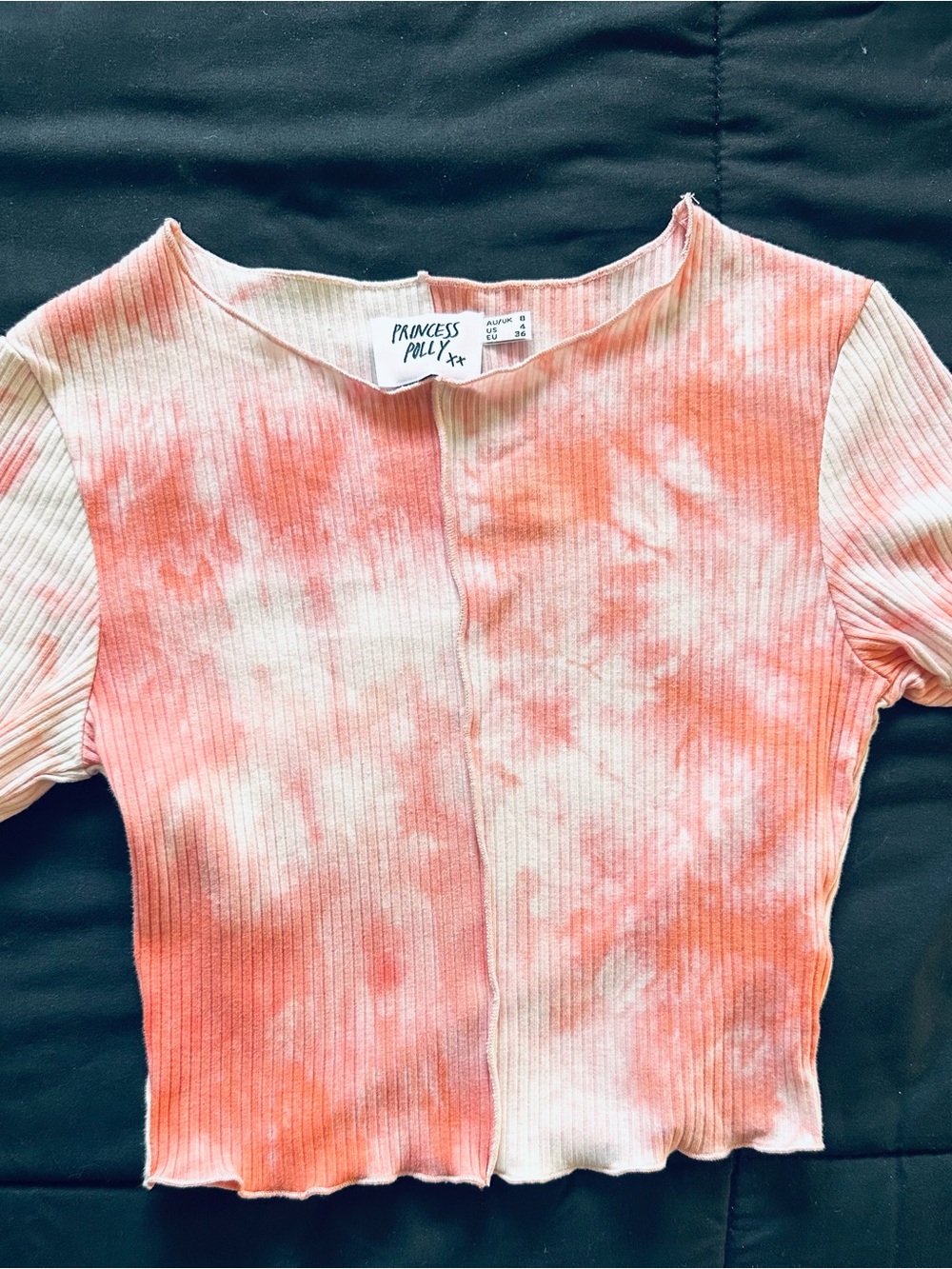 Princess Polly Coral and White Ribbed Tie-Dye Short Sleeve Top
